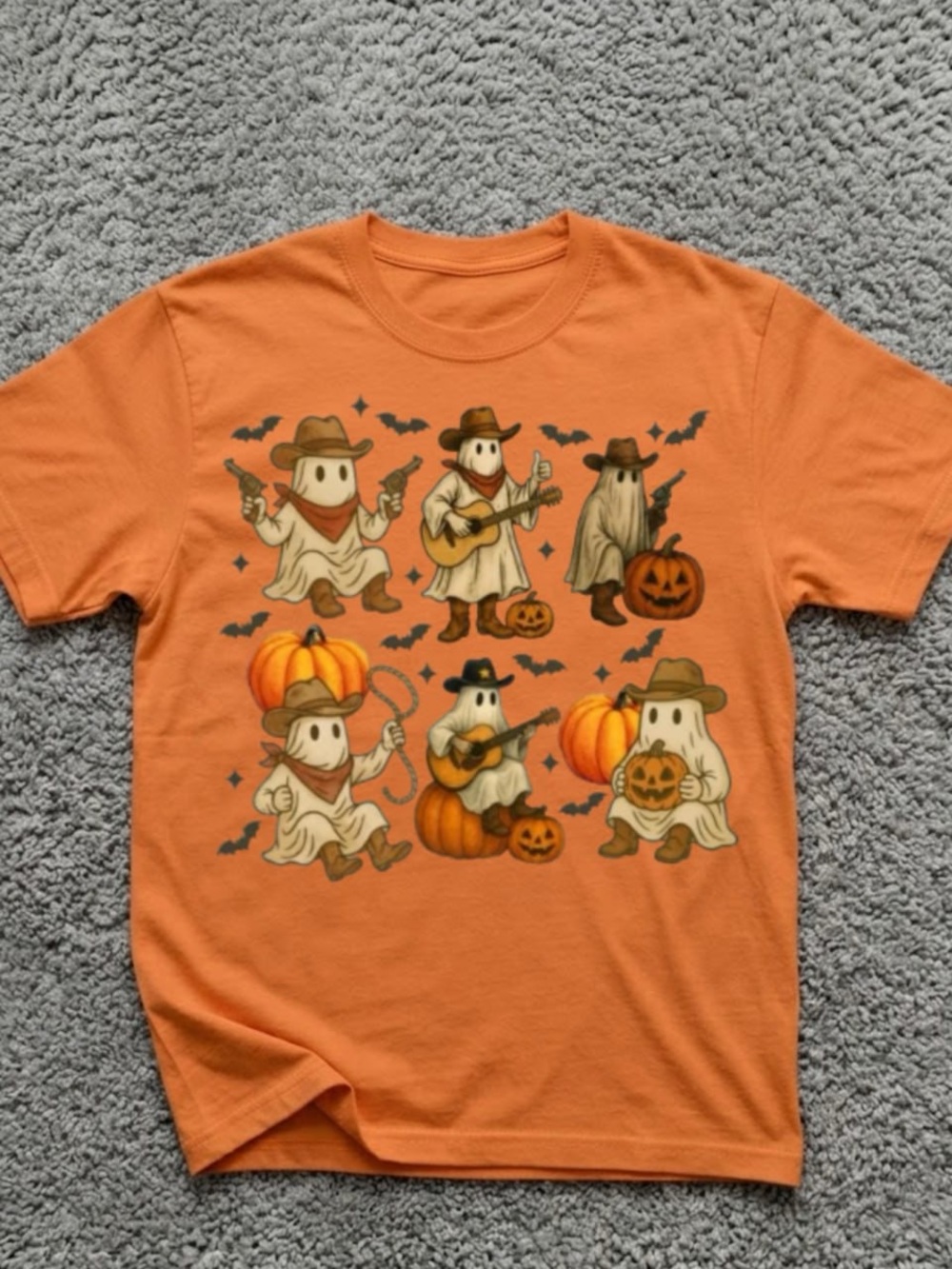 Gildan Orange Halloween Ghost Cowboy Graphic Tee